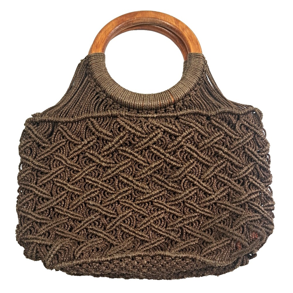 Vtg Macramé / Crochet Braided Purse Hand Bag Round Wooden Handles 12x8" Brown